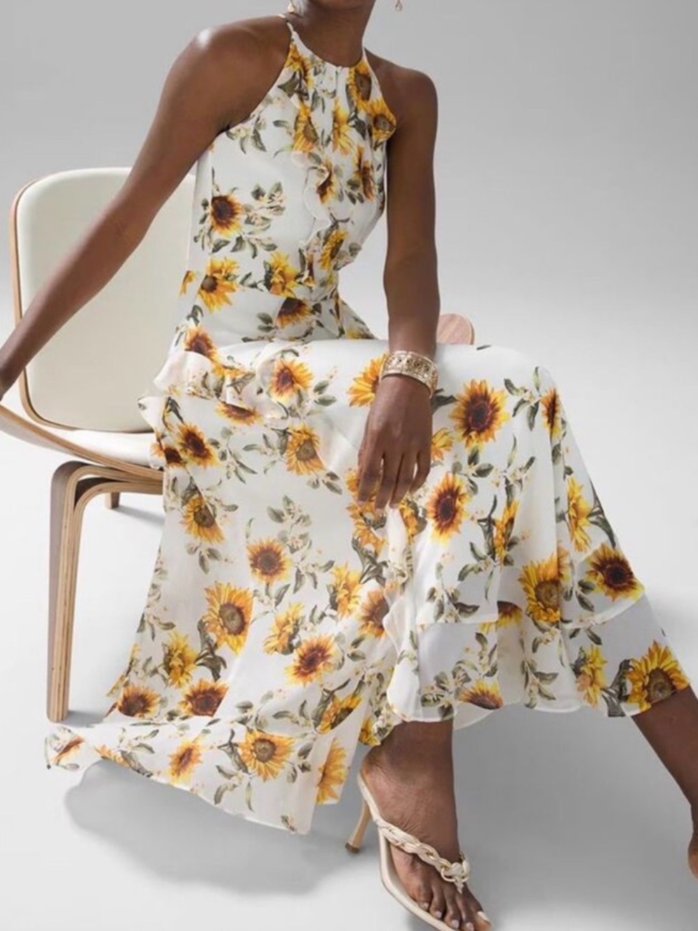 NWT White House Black Market Ruffle Halter Sunflower Midi Dress